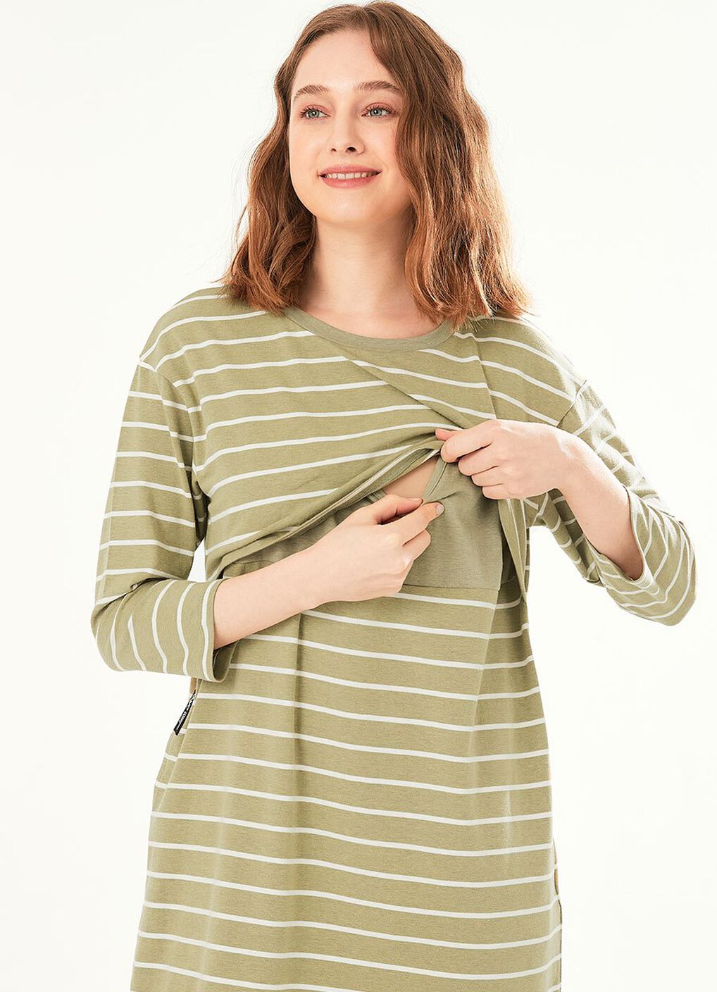 Striped Maternity & Nursing Pyjama Dress, Olive, hi-res image number 1