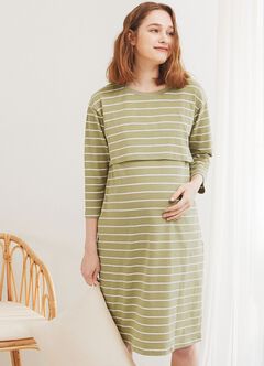 Striped Maternity & Nursing Pyjama Dress, Olive, hi-res