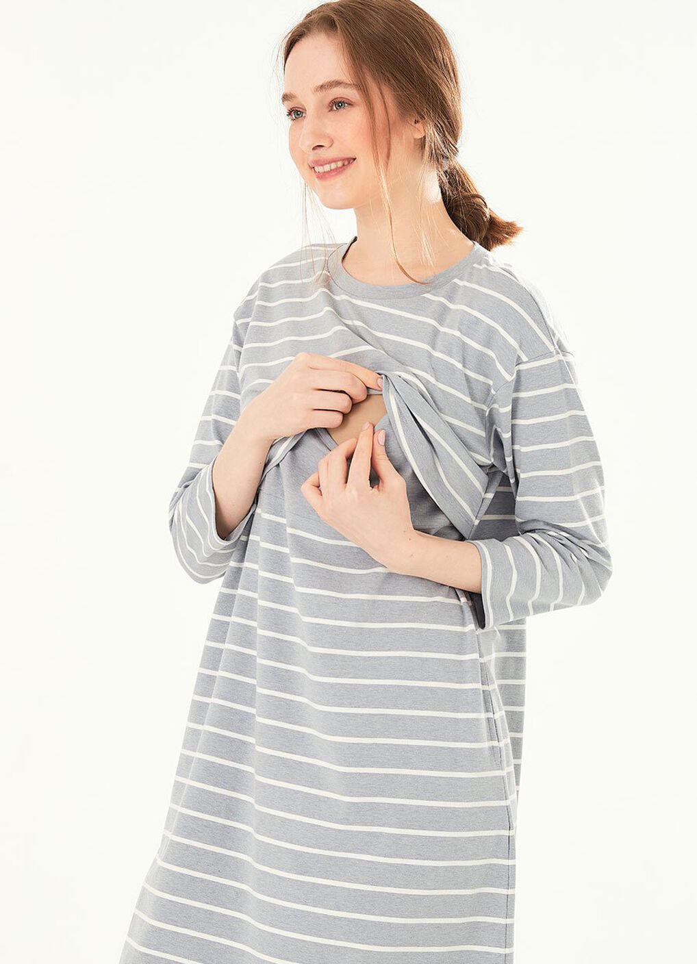 Striped Maternity & Nursing Pyjama Dress, Blue Grey, hi-res image number 1