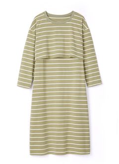 Striped Maternity & Nursing Pyjama Dress, Olive, hi-res